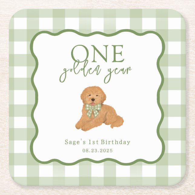 Green Gingham One Golden Year First Birthday Underlägg Papper Kvadrat (Framsidan)