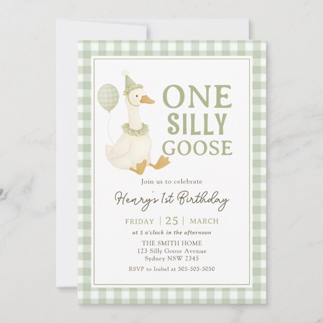 Green Gingham One Silly Goose Birthday Invitation Inbjudningar (Framsida)
