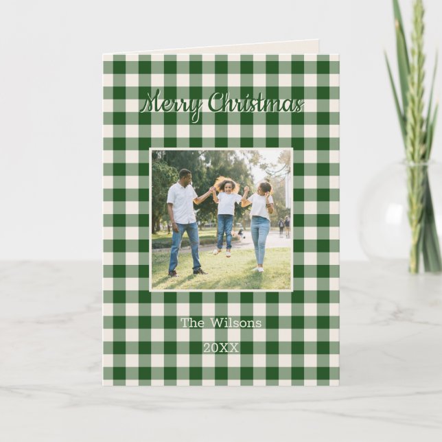 Green Gingham Plaid 2 Photo Christmas Helgkort (Framsida)