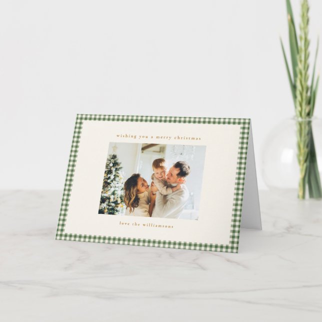 Green Gingham Plaid Custom Photo Christmas Folded Helgkort (Framsida)