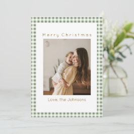 Green Gingham Plaid Custom Photo Christmas Julkort