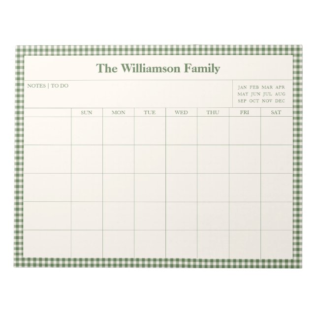 Green Gingham Plaid Month Family Planner Calendar  Anteckningsblock (Framsida)