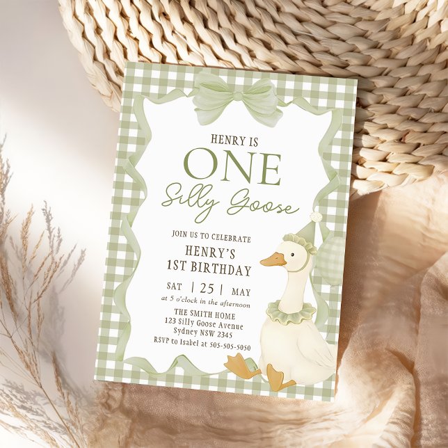 Green Gingham Silly Goose 1st Birthday Invitation Inbjudningar (Skapare uppladdad)