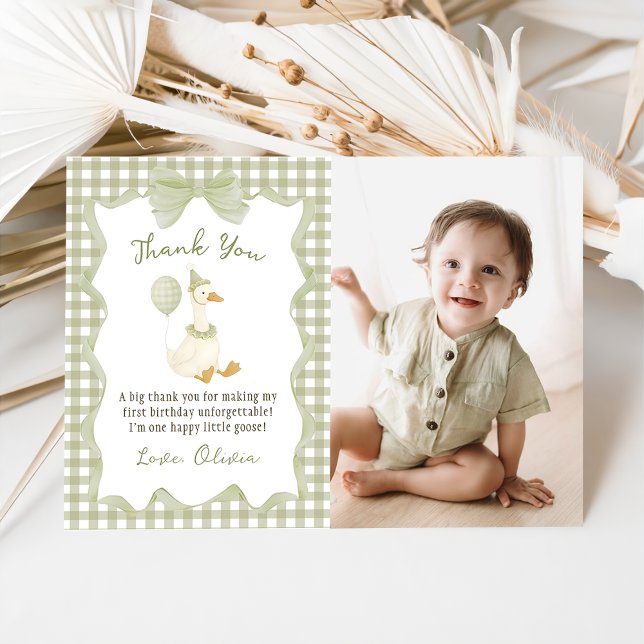 Green Gingham Silly Goose Birthday Photo Tack Kort (Skapare uppladdad)