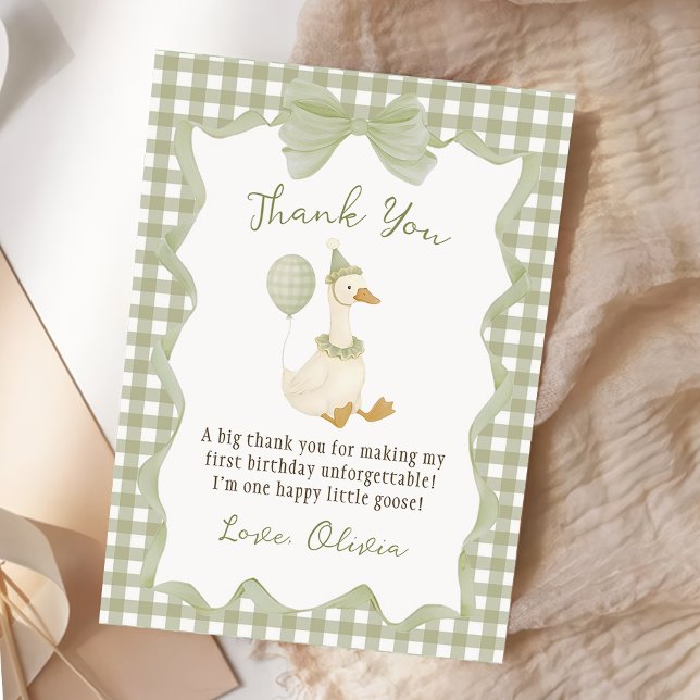 Green Gingham Silly Goose Birthday Thank You Card Tack Kort (Skapare uppladdad)