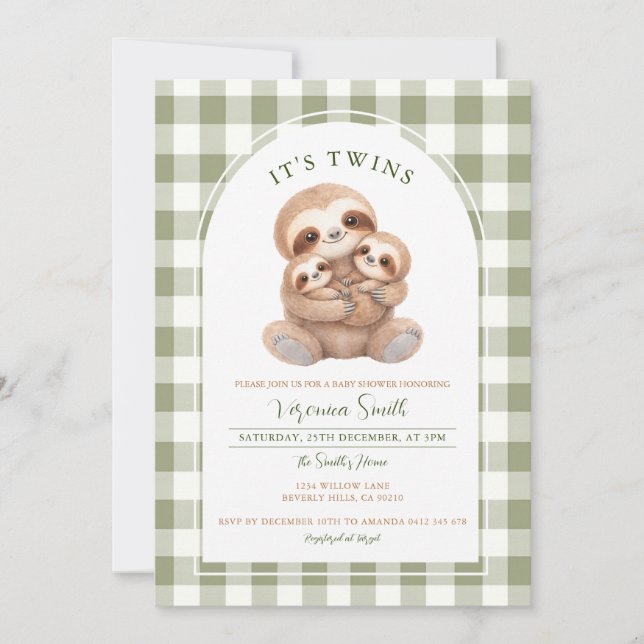 Green Gingham Twin Sloth Baby Shower Invitation Inbjudningar (Framsida)
