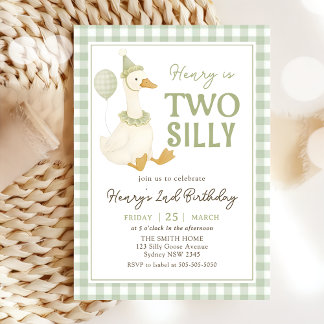 Green Gingham Two Silly Goose Birthday Invitation Inbjudningar