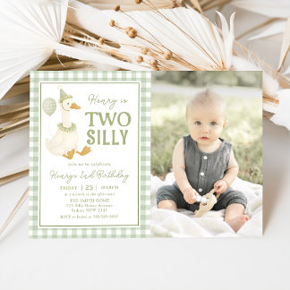 Green Gingham Two Silly Goose Birthday Invitation Inbjudningar