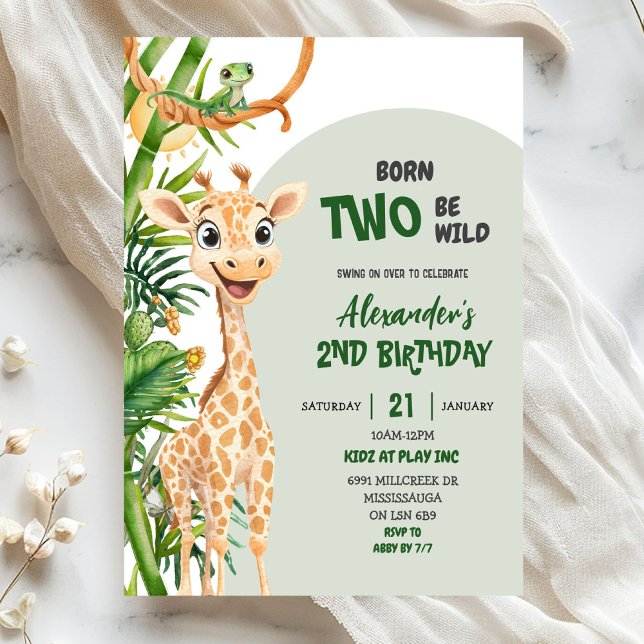 Green Giraffe Born Two Wild Safari Second Birthday Inbjudningar (Skapare uppladdad)
