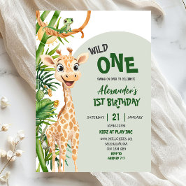 Green Giraffe Wild One Safari First Birthday Inbjudningar