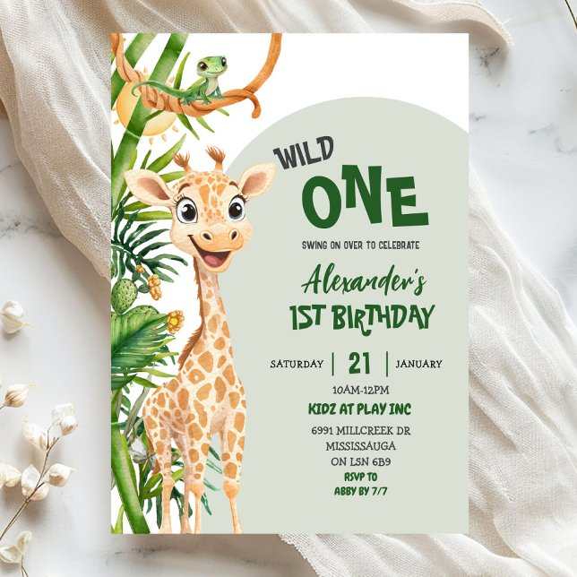 Green Giraffe Wild One Safari First Birthday Inbjudningar (Skapare uppladdad)