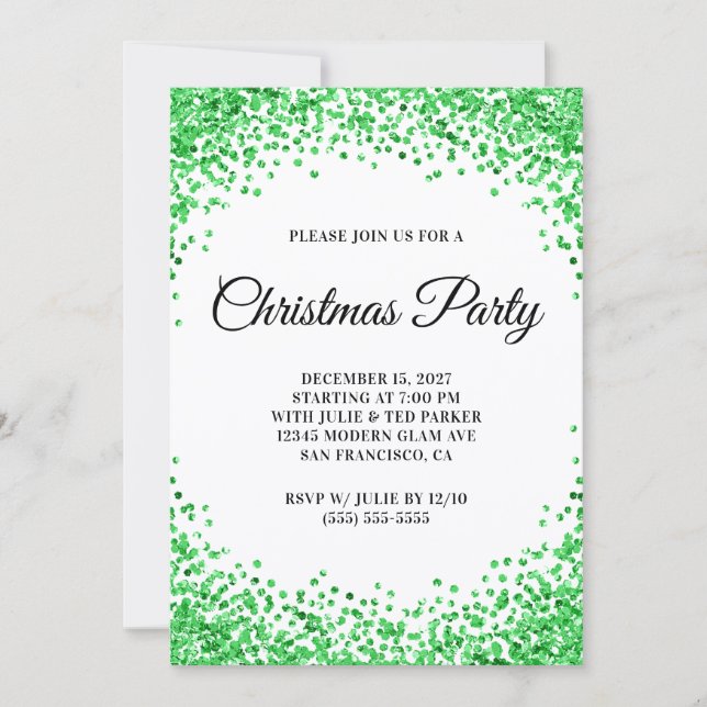 Green Glitter Border White Christmas Party Inbjudningar (Framsida)