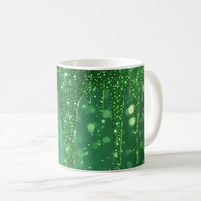 Green Glitter Drip Background With Sparkling Bokeh Kaffemugg (Framsida höger)