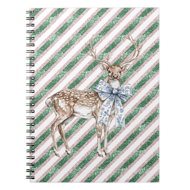Green Glitter Stripes Blue White Bow Deer  Anteckningsbok (Framsidan)