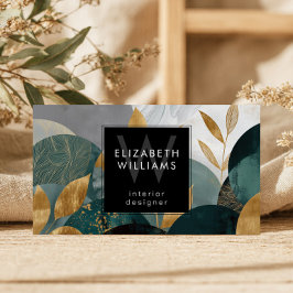 Green Gold Abstract Leaves Monogram Business Cards Visitkort