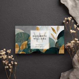 Green Gold Abstract Leaves Monogram Business Cards Visitkort