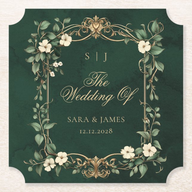 Green Gold Art Nouveau Enchanted Wedding Underlägg Papper (Framsida)