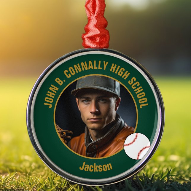 Green Gold Baseball Player Photo Christmas Julgransprydnad Metall (Skapare uppladdad)