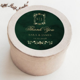 Green Gold Botanical Crest Wedding Thank you Runt Klistermärke