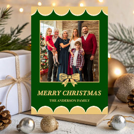 Green & Gold Bow Scalloped Family Christmas Photo Julkort