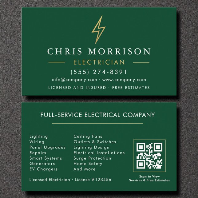 Green Gold Electrician QR Code Modern Visitkort (Skapare uppladdad)