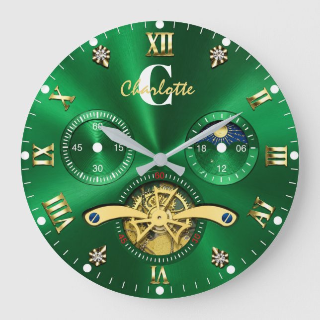  Green Gold Elegant Luxury Emerald Stor Klocka (Framsida)
