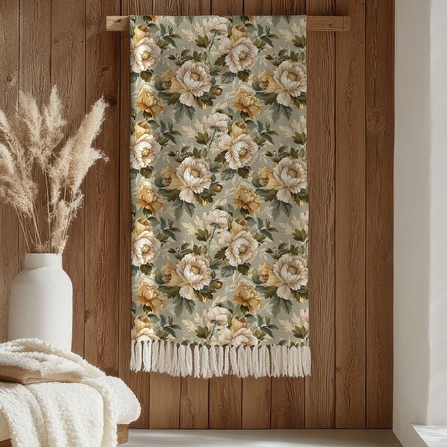 Green Gold Floral Blanket Modern Pastel Elegant Fleecefilt (Green Gold Floral Blanket Modern Pastel Elegance)