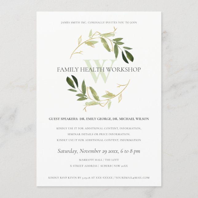 Green Gold Foliage Wreath Workshop Event Inbjudningar (Framsida)