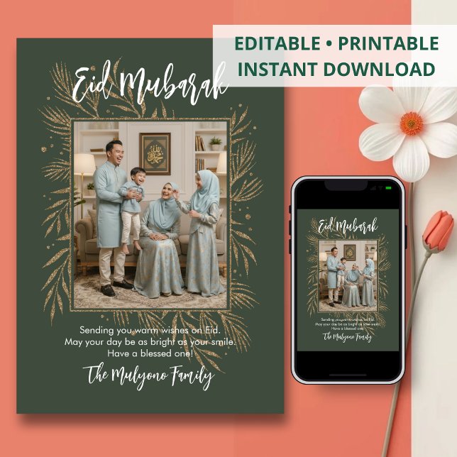 Green Gold Glitter Botanical Photo Eid Mubarak Julkort (Skapare uppladdad)