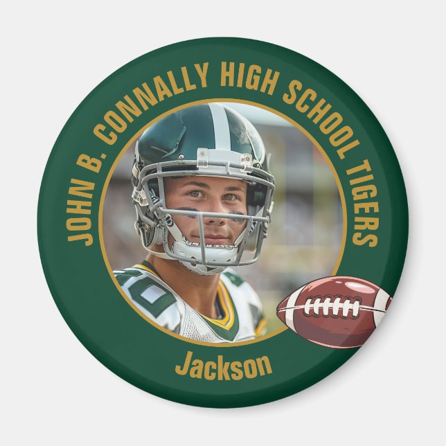 Green Gold High School Football Player Photo Magnet (Framsidan)