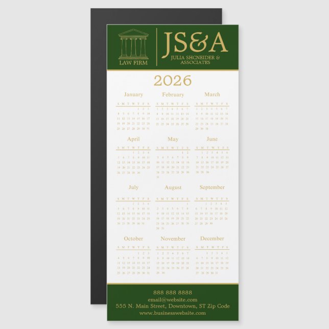 Green Gold Justice Columns Law Firm Logo 2026 (Fram/baksida)