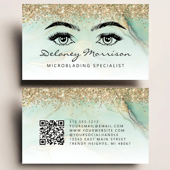 Green Gold Marble Eyes QR Code Microblading Visitkort (Skapare uppladdad)