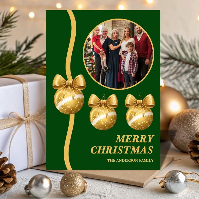 Green & Gold Ornaments Family Christmas Photo Julkort (Skapare uppladdad)