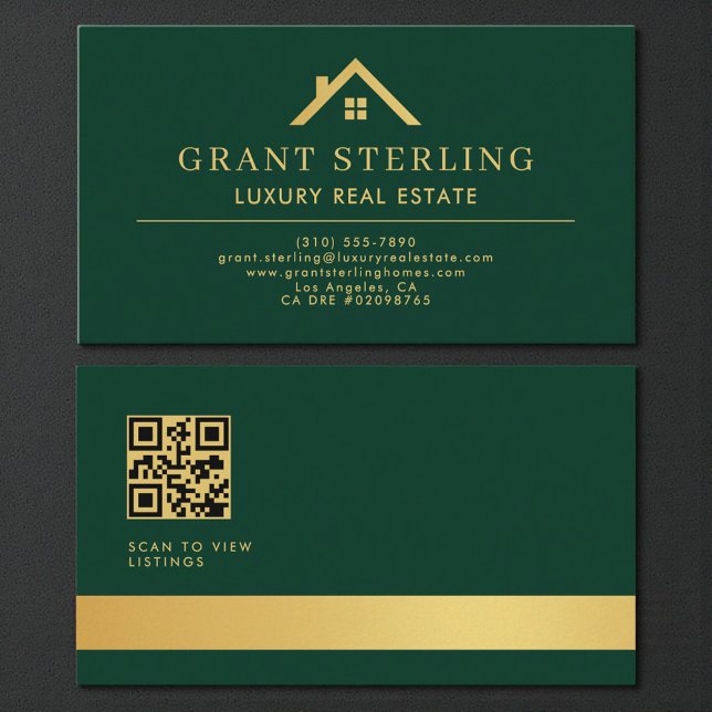 Green Gold QR Code Luxury Real Estate Agent Visitkort (Skapare uppladdad)