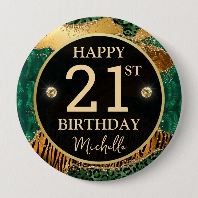 Green Gold Safari Agate Birthday Badge Knapp (Framsida)