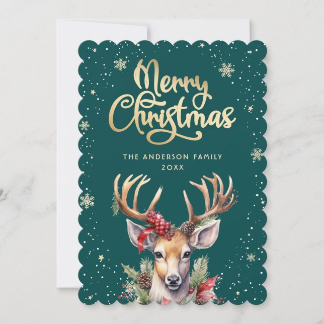 Green Gold Watercolor Reindeer Snow Christmas Card Julkort (Framsida)