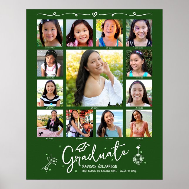 Green Graduation K–12 Photo Collage White Doodles Poster (Framsidan)