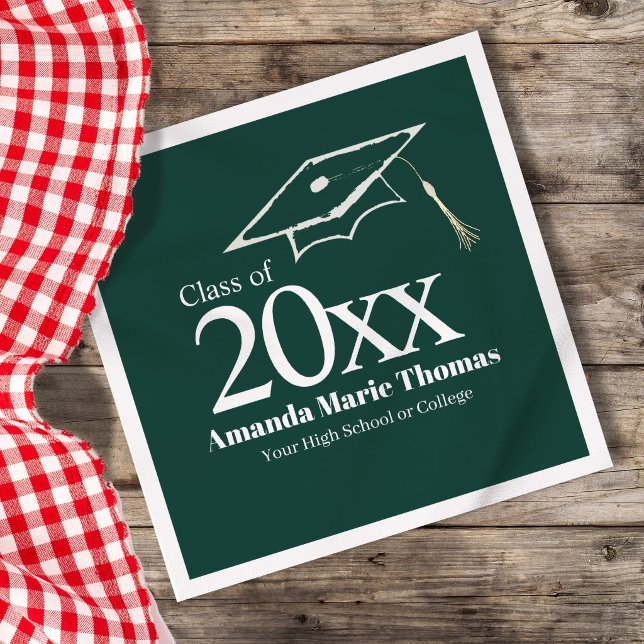 Green Graduation Script Name Class Year Design Pappersservett (Green graduation napkin styled with coffee cup, custom name and class year design)