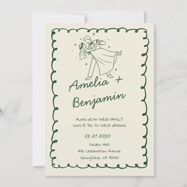 green hand drawn couple Whimsical Wedding  Inbjudningar (Framsida)
