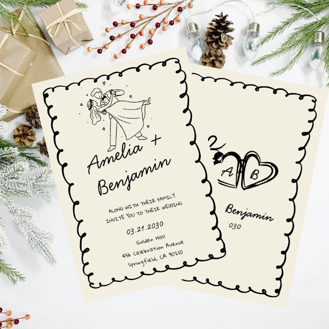 green hand drawn couple Whimsical Wedding  Inbjudningar (Skapare uppladdad)