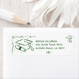 Green Hand Drawn Doodle Graduate Cap White Address Returadress Etikett