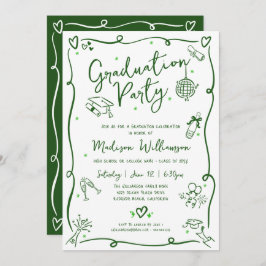 Green Hand Drawn Doodle Graduation Fun White Party Inbjudningar