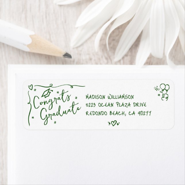 Green Hand Drawn Doodle Graduation White Address Returadress Etikett (Insitu)