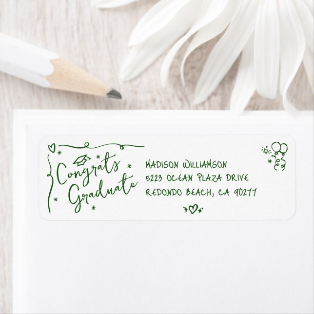 Green Hand Drawn Doodle Graduation White Address Returadress Etikett (Insitu)