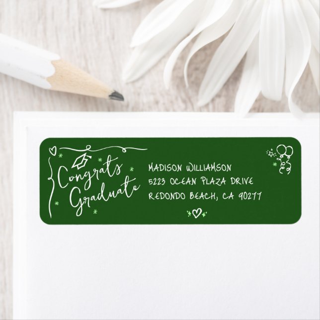 Green Hand Drawn Doodle Style Graduation Address Returadress Etikett (Insitu)