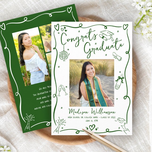 Green Hand Drawn Doodles Graduation 4 Photo White Meddelande (Skapare uppladdad)