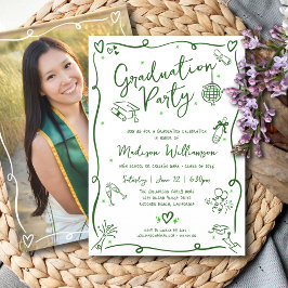 Green Hand Drawn Doodles Graduation Photo Party Inbjudningar
