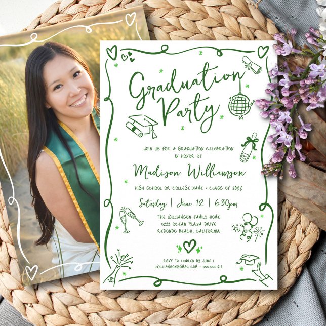 Green Hand Drawn Doodles Graduation Photo Party Inbjudningar (Skapare uppladdad)
