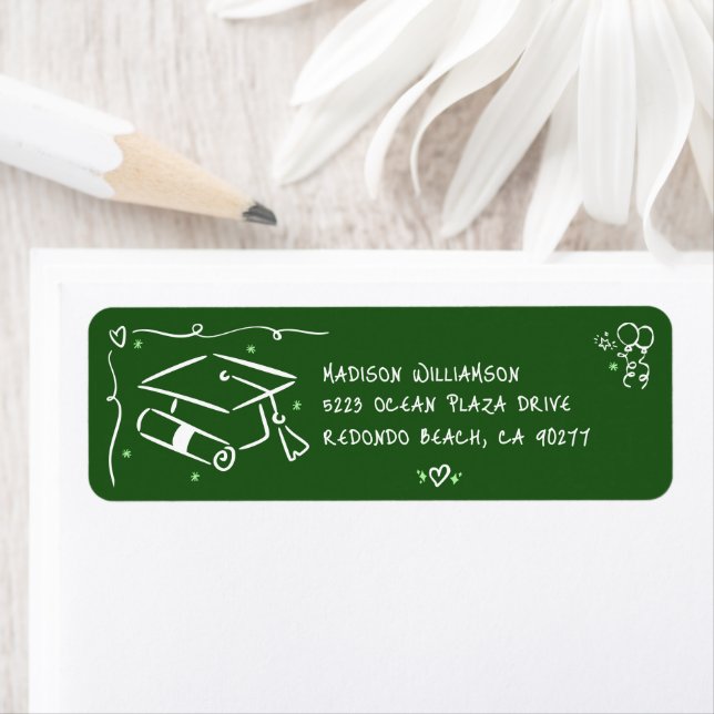 Green Hand Drawn Doodles Style Grad Cap Address Returadress Etikett (Insitu)