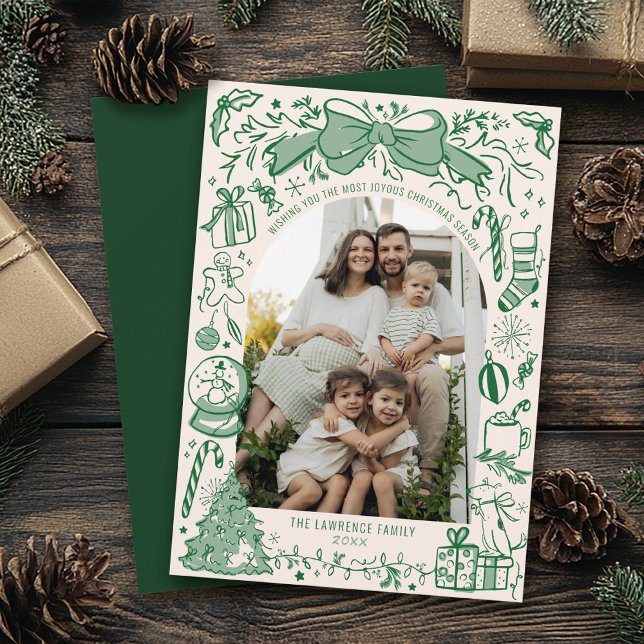 Green Hand Drawn Scribble Bow Arch Photo Christmas Julkort (Hand drawn Christmas bow tree green ivory scribbles doodles simple whimsical arch photo holiday card)